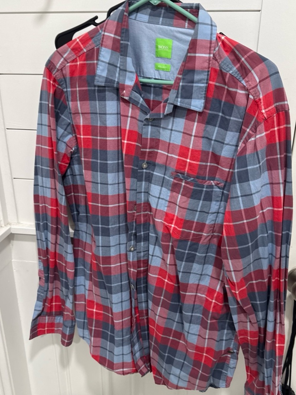 Hugo Boss Red & Blue Plaid Cotton Button-Down Shirt